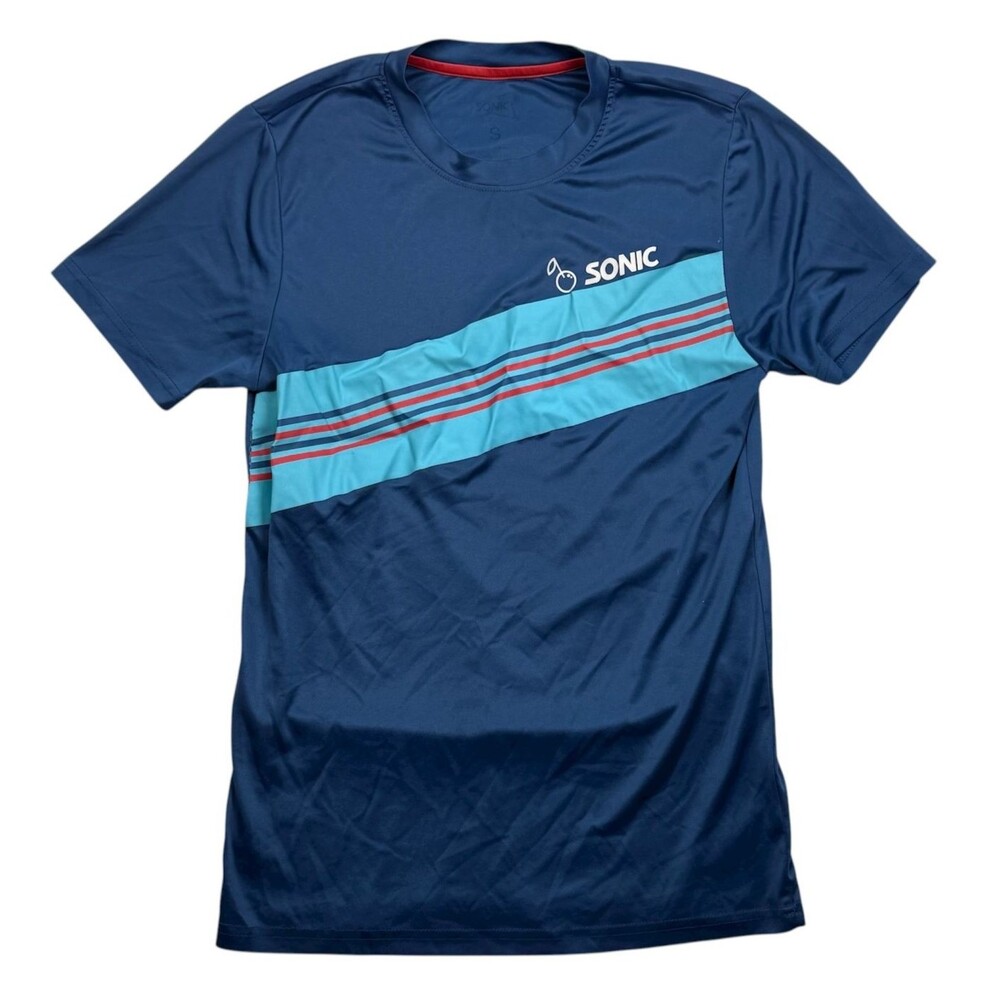 Sonic Drive In Employee Shirt Small Logo Blue‎ Chest Stripe Fast Food Restaurant